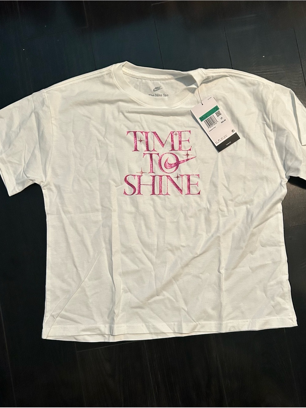 Nike White Tee with Pink Glitter Graphic